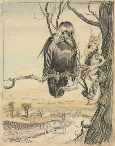 Een eekhoorn en een kraai door Arthur Rackham