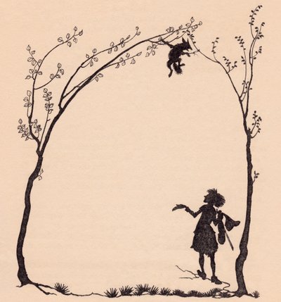 Een vos vastgebonden aan twee hazelaars. Illustratie door Arthur Rackham uit Grimm