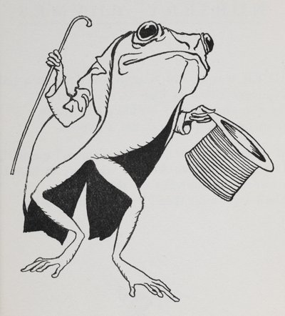 Een kikker met hoge hoed en rokkostuum, met een wandelstok door Arthur Rackham