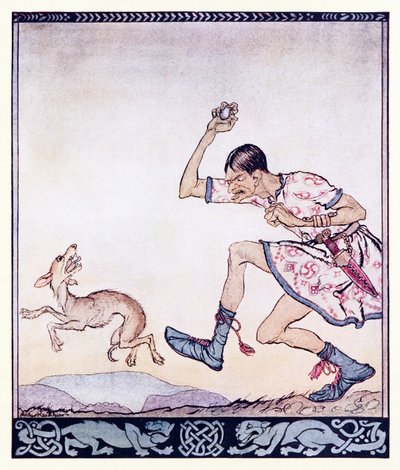 Een man die niet van honden hield. In feite haatte hij ze, uit The Birth of Bran in Irish Fairy Tales door Arthur Rackham
