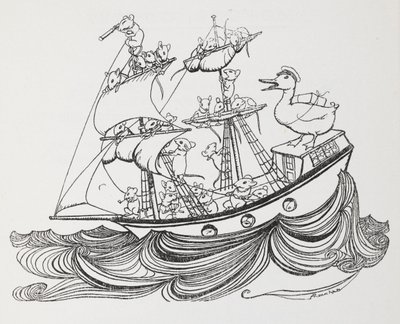 Een schip bemand door muizen en bestuurd door een eend door Arthur Rackham