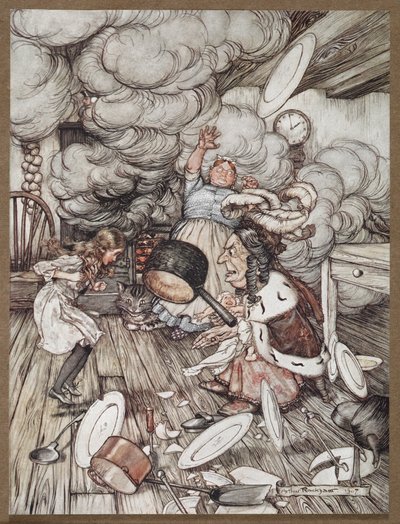 Alice in een keuken met de Hertogin, een kok en de Cheshire Cat door Arthur Rackham