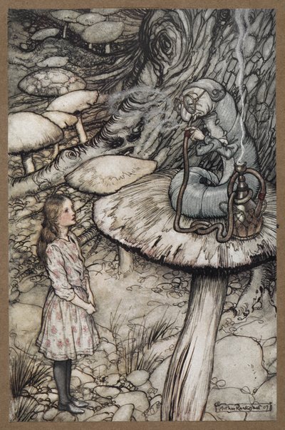Alice praat met de rups die op een paddenstoel zit en een pijp rookt door Arthur Rackham
