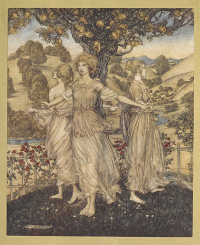 Midden in de mooie tuin, van Hesperus, en zijn drie dochters die zingen rond de gouden boom. door Arthur Rackham