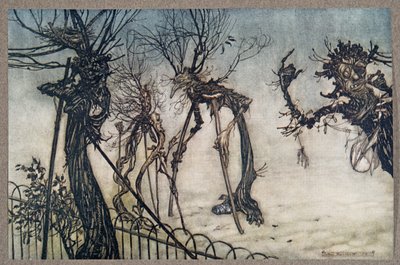 Een vlierbes strompelde over het pad en stond te kletsen met enkele jonge kinderen .., uit Peter Pan in Kensington Gardens door J M Barrie (1860 - 1937), pub. 1906 door Arthur Rackham