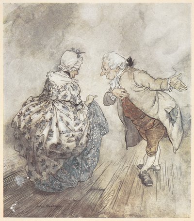Een oud stel in formele kleding dat op het punt staat te dansen door Arthur Rackham