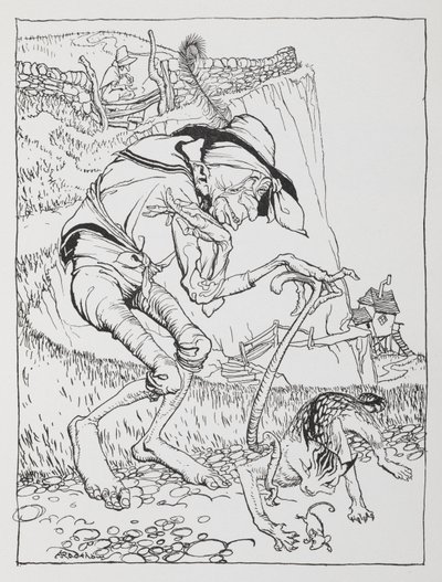 Een oude kromme man met zijn kromme kat en krom huis door Arthur Rackham