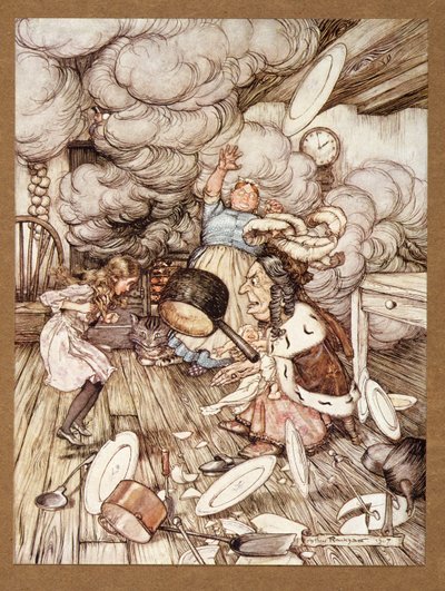 Een ongewoon grote steelpan vloog dichtbij en nam het bijna mee, uit Alice