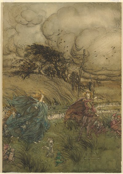 "En nu ontmoeten ze elkaar nooit in bos of groen," uit act 2, scène 1 van Een Midzomernachtsdroom door William Shakespeare door Arthur Rackham