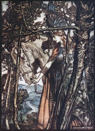 Brünnhilde leidt haar paard aan de teugel. Illustratie voor De Rijn en De Walkure door Richard Wagner door Arthur Rackham
