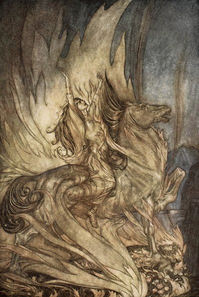 Brunnhilde op Grane springt op de brandstapel van Siegfried, illustratie uit 