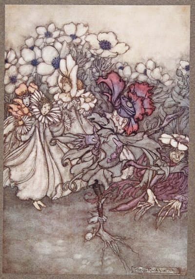 Maar als je kijkt, en ze vrezen dat er geen tijd is om zich te verstoppen, staan ze heel stil te doen alsof ze bloemen zijn, uit Peter Pan in Kensington Gardens door J M Barrie, pub. 1906 door Arthur Rackham