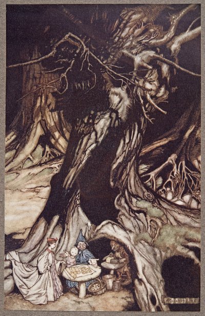 Boter wordt verkregen uit de wortels van oude bomen, uit Peter Pan in Kensington Gardens door J M Barrie (1860 - 1937), pub. 1906 door Arthur Rackham