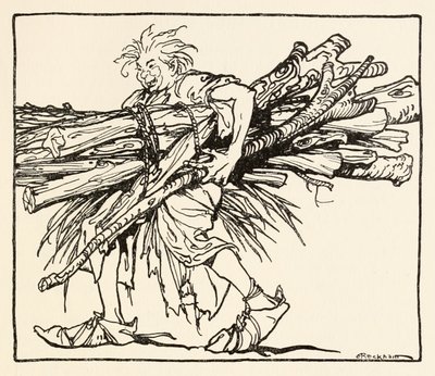 Carl bouwt een schuilplaats voor de nacht, uit The Carl of the Drab Coat in Irish Fairy Tales door Arthur Rackham
