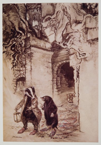 Bij het oversteken van de hal liepen ze door een van de hoofdgangen, uit Wind in the Willows van Kenneth Grahame, pub. 1940 door Arthur Rackham