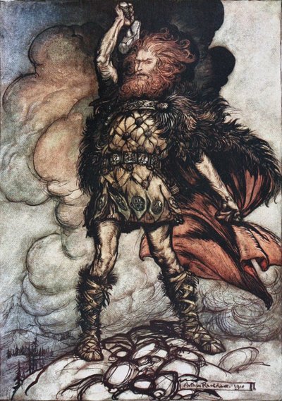 Donner, uw heer, roept zijn troepen! Illustratie voor Het Rijngoud en De Walkure van Richard W door Arthur Rackham