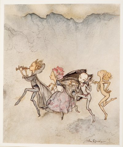 Iedereen, trippelend op zijn tenen, zal hier zijn met dweil en grijns, illustratie uit William Shakespeares De Storm, uitgegeven 1926 door Arthur Rackham