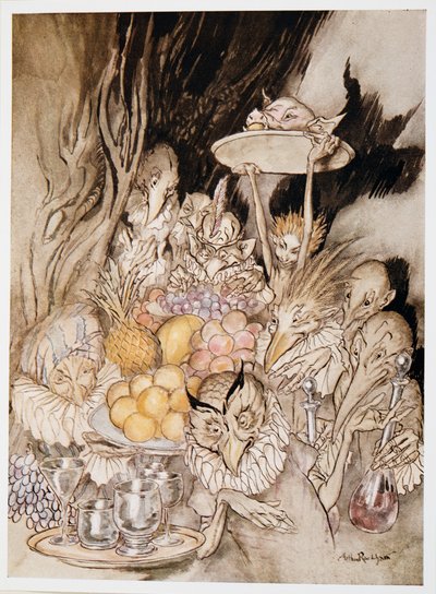 Betreed verschillende vreemde vormen, breng een banket ?.nodig de koning, enz. uit om te eten, illustratie uit William Shakespeares De Storm, uitgegeven 1926 door Arthur Rackham