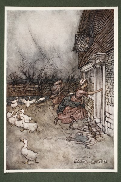 Zelfs tot op de dag van vandaag horen ze nooit een onweersbui boven de Kaatskill zonder te zeggen dat Hendrick Hudson en zijn bemanning hun spel van kegelen spelen., uit Rip Van Winkle door Washington Irving, uitgegeven 1910 door Arthur Rackham