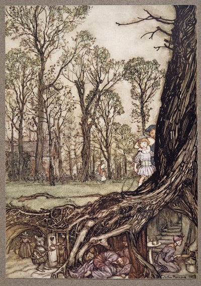 Feeën zijn allemaal min of meer in verstoppen tot de schemering, uit Peter Pan in Kensington Gardens door J M Barrie (1860 - 1937), pub. 1906 door Arthur Rackham