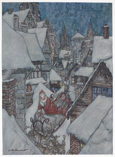 Kerstman die door besneeuwde straten reist op zijn slee door Arthur Rackham
