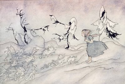 Gerda is doodsbang voor de voorhoede van de Sneeuwkoningin, maar ze zei Onze Vader en wordt gered door kleine heldere engelen, illustratie uit De Sneeuwkoningin door Hans Christian Andersen, gepubliceerd 1932 door Arthur Rackham