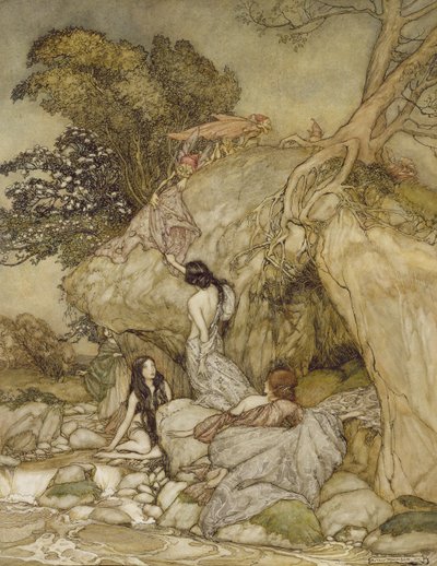 Meisjes bij een stroom door Arthur Rackham