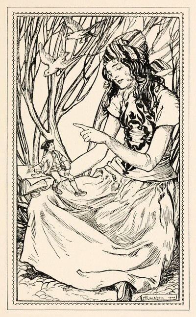Glumdalclitch leert Gulliver lezen, uit Deel II: Een reis naar Brobdingnag in Gullivers Reizen door Jonathan Swift door Arthur Rackham