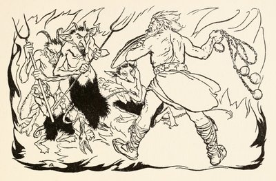 Goll mac Morna bestormt de hel om Fionn en de Fianna-Finn te redden, uit The Little Brawl at Allen in Irish Fairy Tales door Arthur Rackham