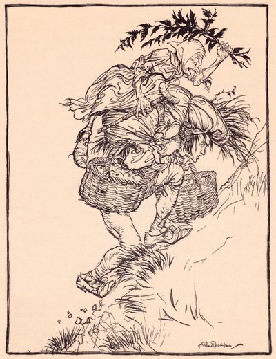 Kreunend voortdurend, beklom hij de berg. Illustratie door Arthur Rackham uit Grimm