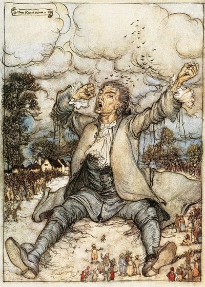 Gulliver ontwaakt in Lilliput, Illustratie uit Gulliver