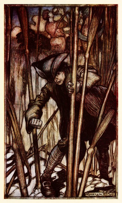 Gulliver wordt met angst vervuld bij het eerste gezicht van de Brobdingnagische maaiers, uit Deel II: Een reis naar Brobdingnag in Gullivers Reizen door Jonathan Swift door Arthur Rackham