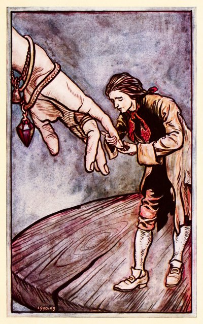 Gulliver kust de hand van de koningin van Brobdingnag, uit Deel II: Een reis naar Brobdingnag in Gullivers Reizen door Jonathan Swift door Arthur Rackham
