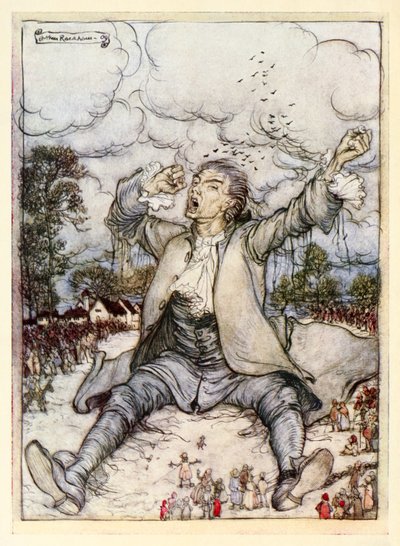 Gulliver wordt vrijgelaten van de touwen, staat op en strekt zich uit, uit Deel I: Een reis naar Lilliput in Gullivers Reizen door Jonathan Swift door Arthur Rackham
