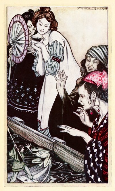 Gullivers ontmoeting met de kikker, uit Deel II: Een reis naar Brobdingnag in Gullivers Reizen door Jonathan Swift door Arthur Rackham