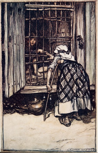 Hansel stak een knokkel uit, en de oude vrouw, wiens ogen dof waren, kon het niet zien en dacht dat het zijn vinger was, en ze was zeer verbaasd dat hij niet dik werd, uit De Sprookjes van de Gebroeders Grimm, pub. 1909 door Arthur Rackham