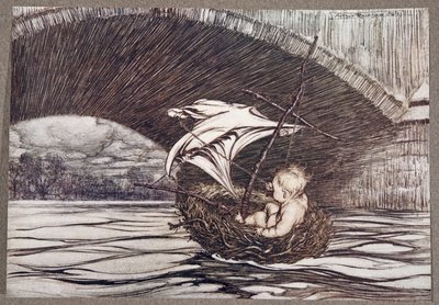 Hij ging onder de brug door en kwam volledig in zicht van de heerlijke tuinen, uit Peter Pan in Kensington Gardens door J M Barrie (1860 - 1937), pub. 1906 door Arthur Rackham