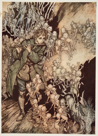 Hij speelde totdat de kamer volledig gevuld was met kabouters, uit Kleine Broer & Kleine Zus en Andere Verhalen door de Gebroeders Grimm, uitgegeven 1917 door Arthur Rackham