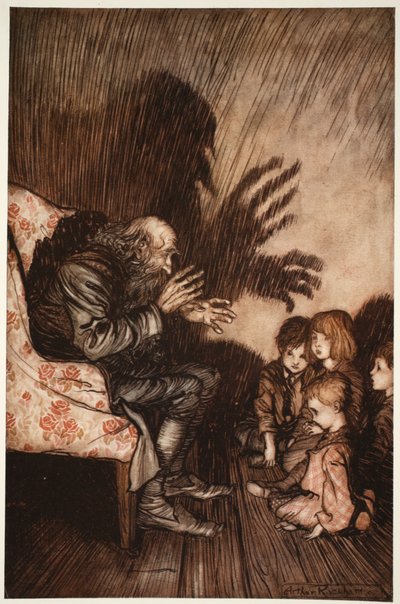 Hij gaf de voorkeur aan het maken van vrienden onder de opkomende generatie, met wie hij al snel in grote gunst kwam., uit Rip Van Winkle door Washington Irving, pub. 1910 door Arthur Rackham