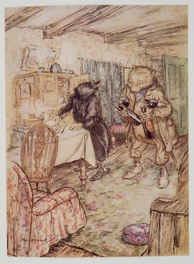 Hij verscheen al snel weer, enigszins stoffig, met een fles bier in elke poot en nog een onder elke arm, uit Wind in the Willows van Kenneth Grahame, pub. 1940 door Arthur Rackham