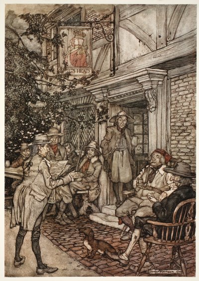 Hij troostte zichzelf door vaak een soort eeuwige club van wijzen, filosofen en andere luie personen te bezoeken, die zijn zittingen hield voor een kleine herberg., uit Rip Van Winkle door Washington Irving door Arthur Rackham