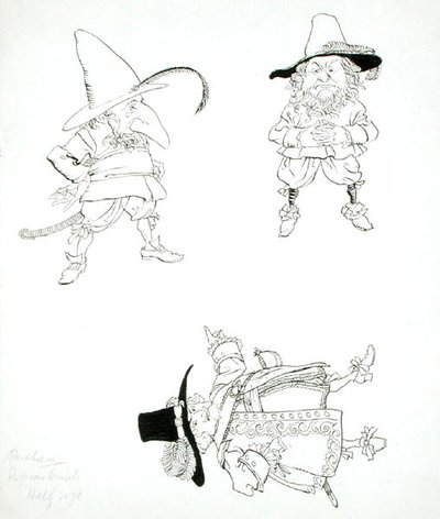 Hij was een forse oude heer, met een verweerd gezicht; hij droeg een met kant afgezet wambuis, brede riem en hanger, hoed met hoge kroon en veer, rode kousen en schoenen met hoge hakken, illustratie uit 