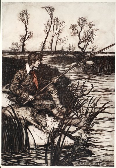 Hij zou de hele dag op een natte rots zitten en vissen., uit Rip Van Winkle door Washington Irving, pub. 1910 door Arthur Rackham