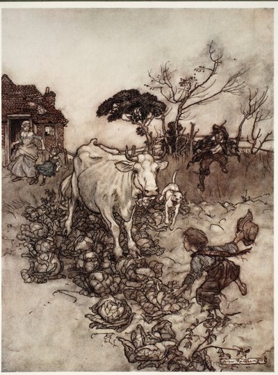 Zijn koe zou verdwalen of tussen de kool komen., uit Rip Van Winkle door Washington Irving, pub. 1910 door Arthur Rackham