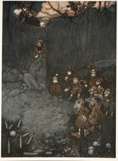 Zijn vader had hen in hun oude Nederlandse kleding zien kegelen., uit Rip Van Winkle door Washington Irving, uitgegeven 1910 door Arthur Rackham