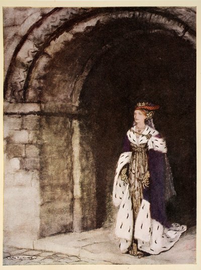 Hoe Dame Lionesse naar voren kwam gekleed als een prinses, illustratie uit 