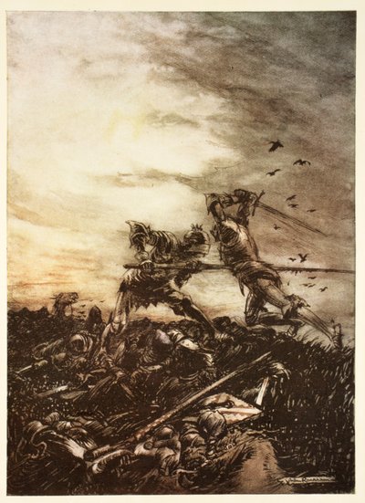 Hoe Mordred werd gedood door Arthur, en hoe Arthur door hem dodelijk werd verwond, illustratie uit Alfred Pollard