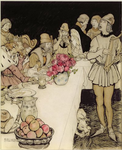 Hoe op een groot feest dat koning Mark hield, Eliot de harpspeler kwam en het lied zong dat Dinadan had gemaakt door Arthur Rackham