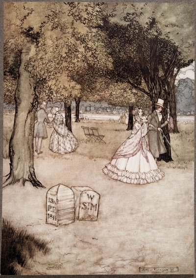 Ik denk dat het meest ontroerende zicht in de tuinen de twee grafstenen van Walter Stephen Matthews en Phoebe Phelps zijn, uit Peter Pan in Kensington Gardens door J M Barrie, pub. 1906 door Arthur Rackham