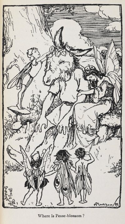 Illustratie uit Een Midzomernachtsdroom met feeën en een man met een ezelskop door Arthur Rackham